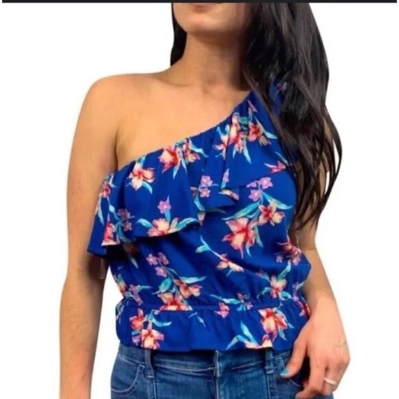 American Eagle One Shoulder Ruffle Blouse Women's M Blue Floral Tropical Resort - Picture 1 of 10